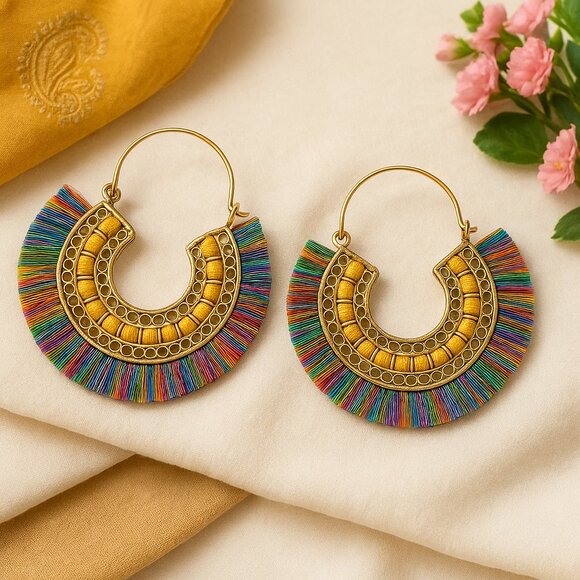 🆕️Boho Chic Rainbow Hoop Earrings Handmade Indian Artisan Statement Jewelry - Picture 1 of 11